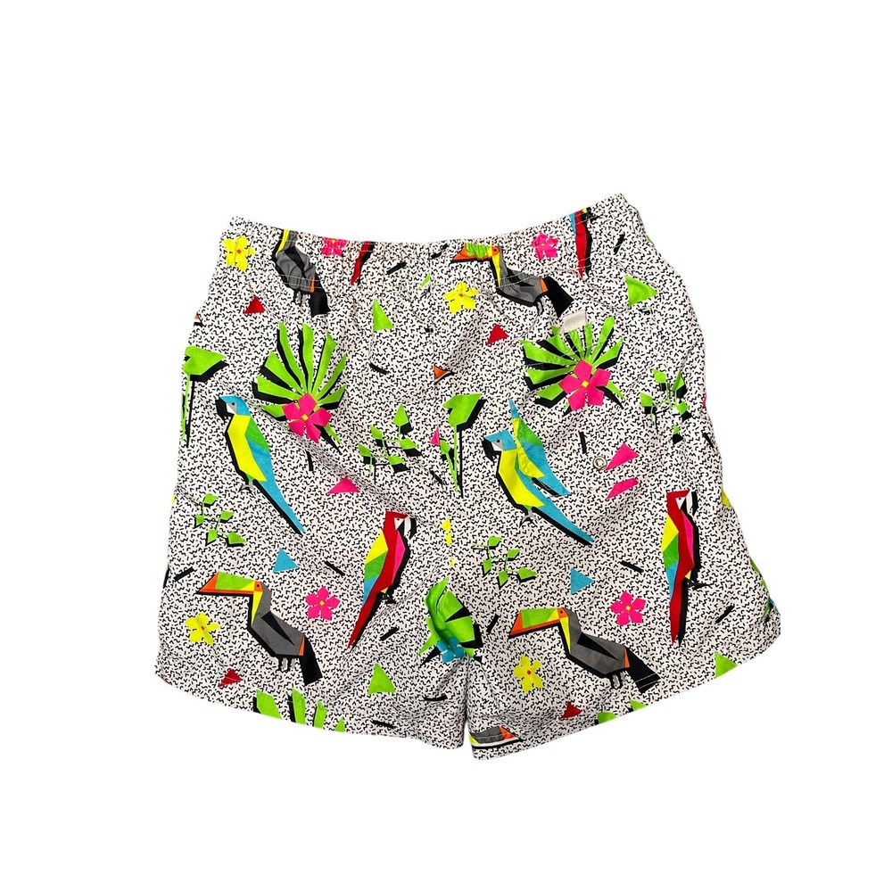 George Mens Swim Trunks Small 28-30 Arctic White Neon Retro 80s Bird Vaporwave - Picture 3 of 9